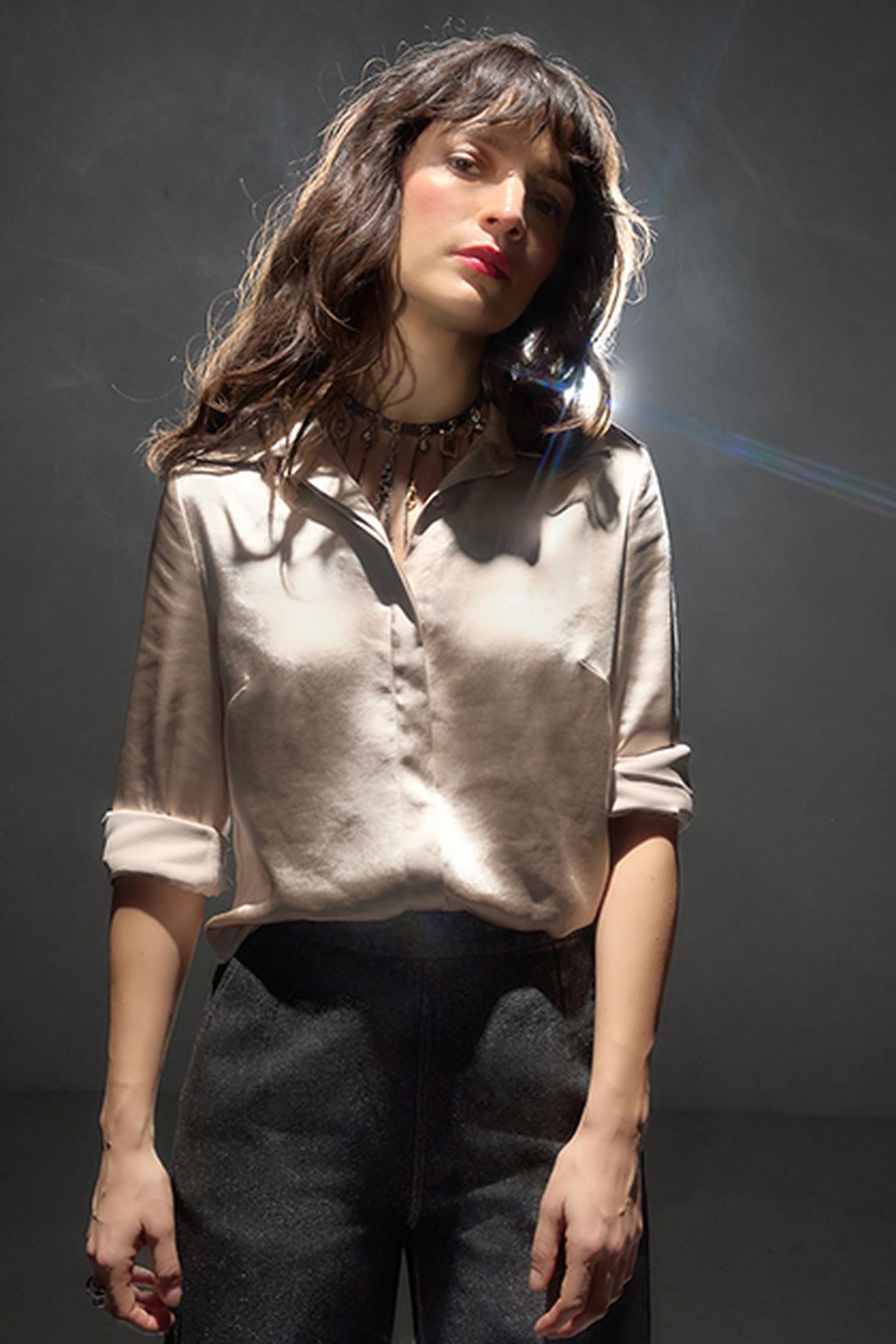 Satin Button Down in color Angora Image C0