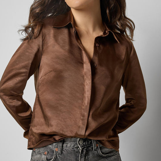 Satin Button Down in color Chocolate Image A1