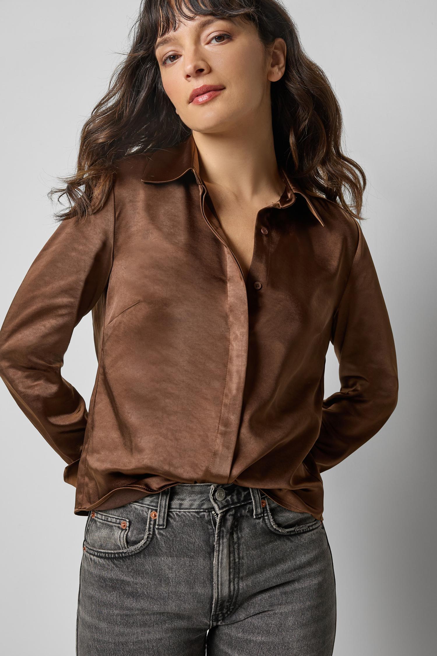 Satin Button Down in color Chocolate Image A1