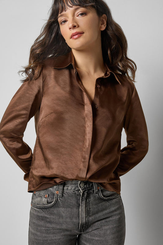Satin Button Down in color Chocolate Image A1