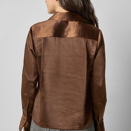 Satin Button Down in color Chocolate Image A2