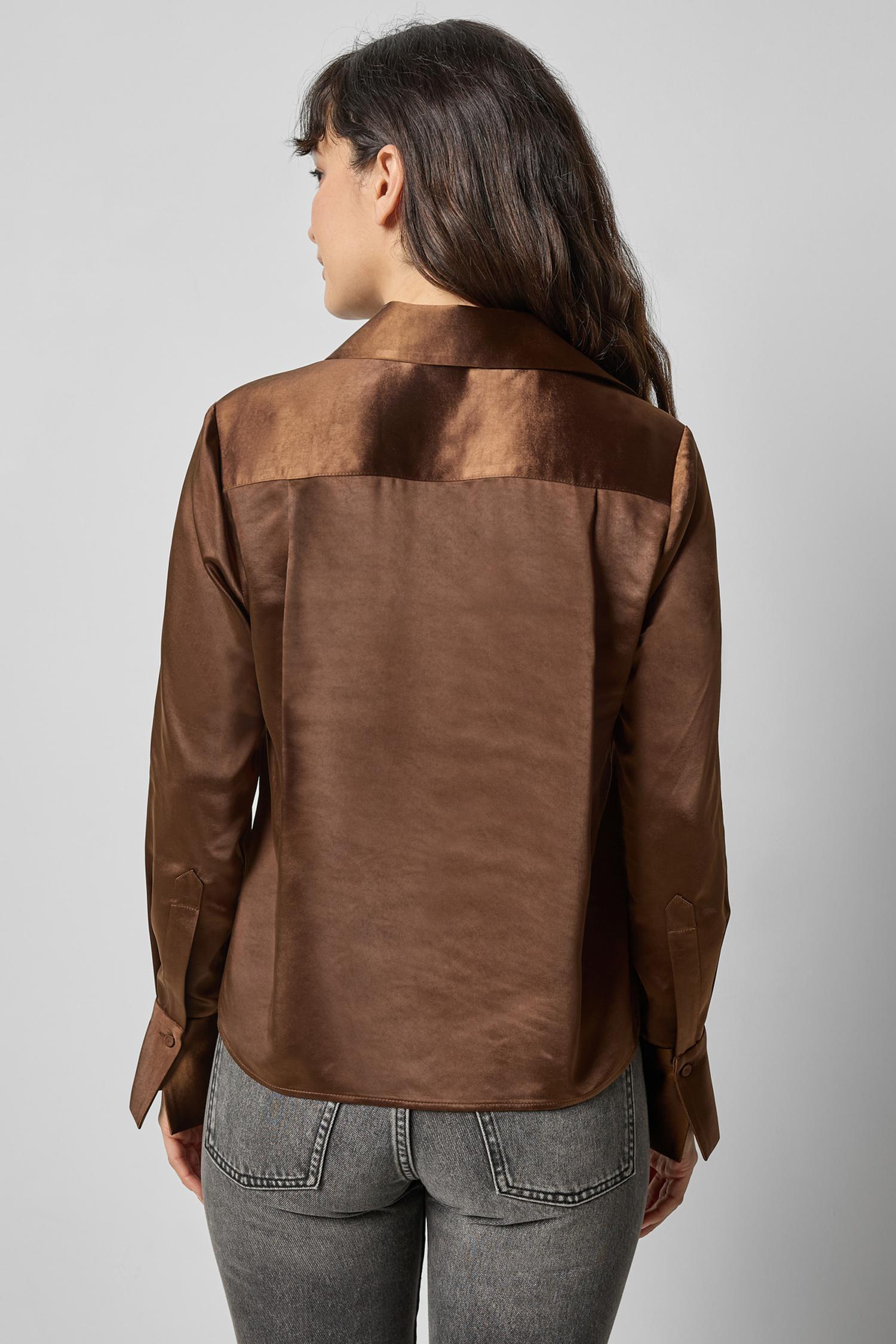 Satin Button Down in color Chocolate Image A2