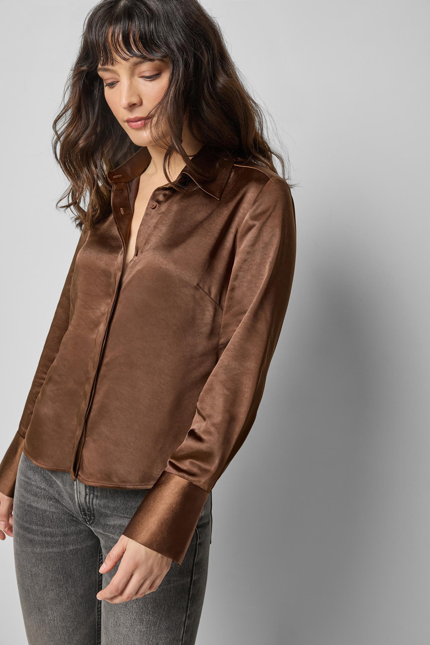 Satin Button Down in color Chocolate Image A3