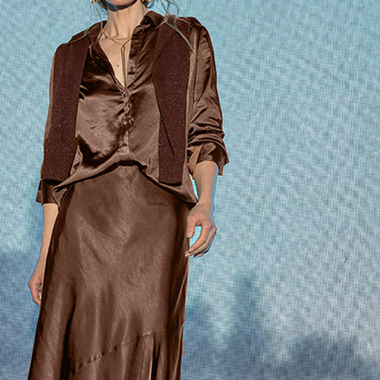 Satin Button Down in color Chocolate Image C0