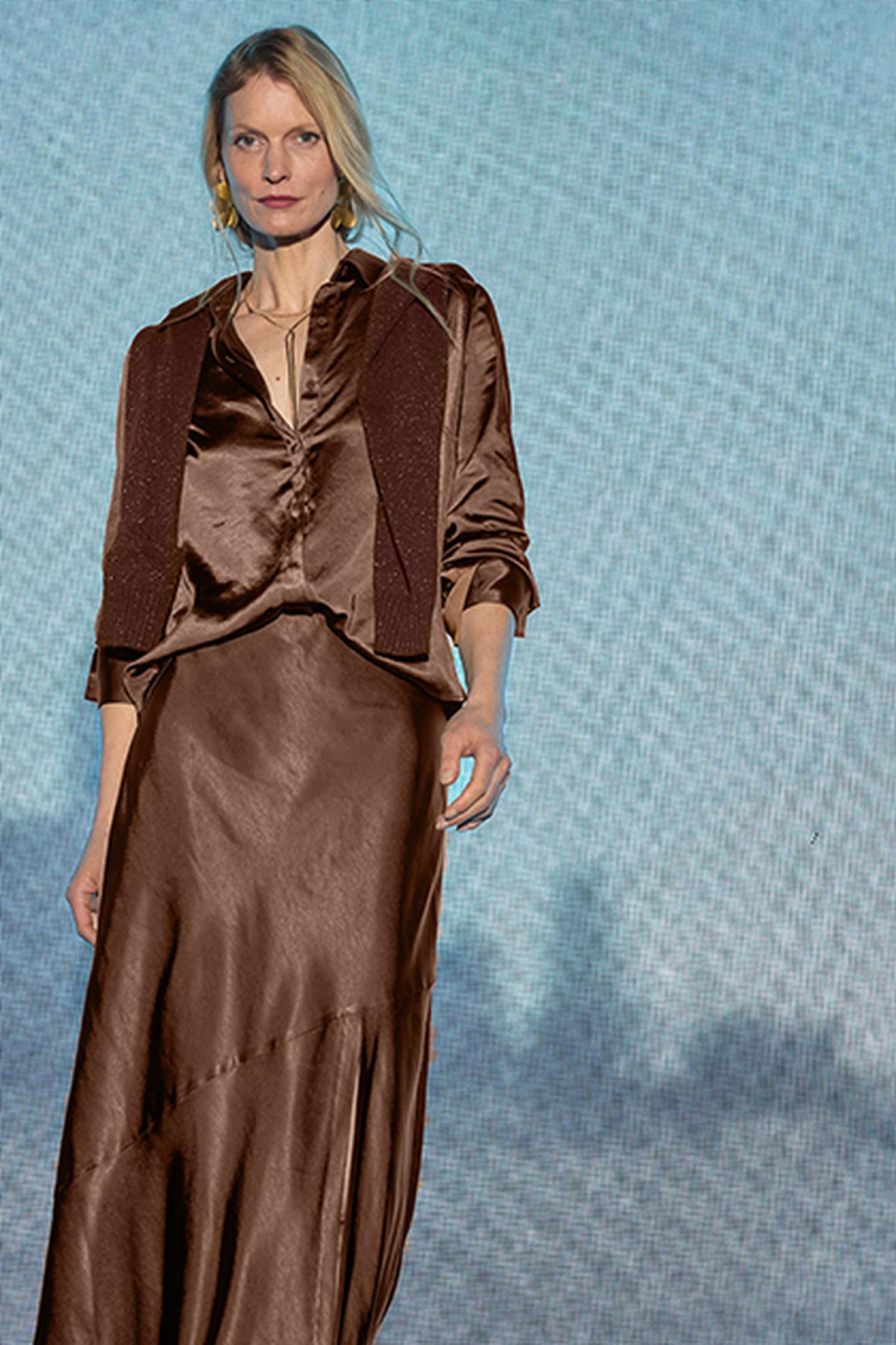 Satin Button Down in color Chocolate Image C0