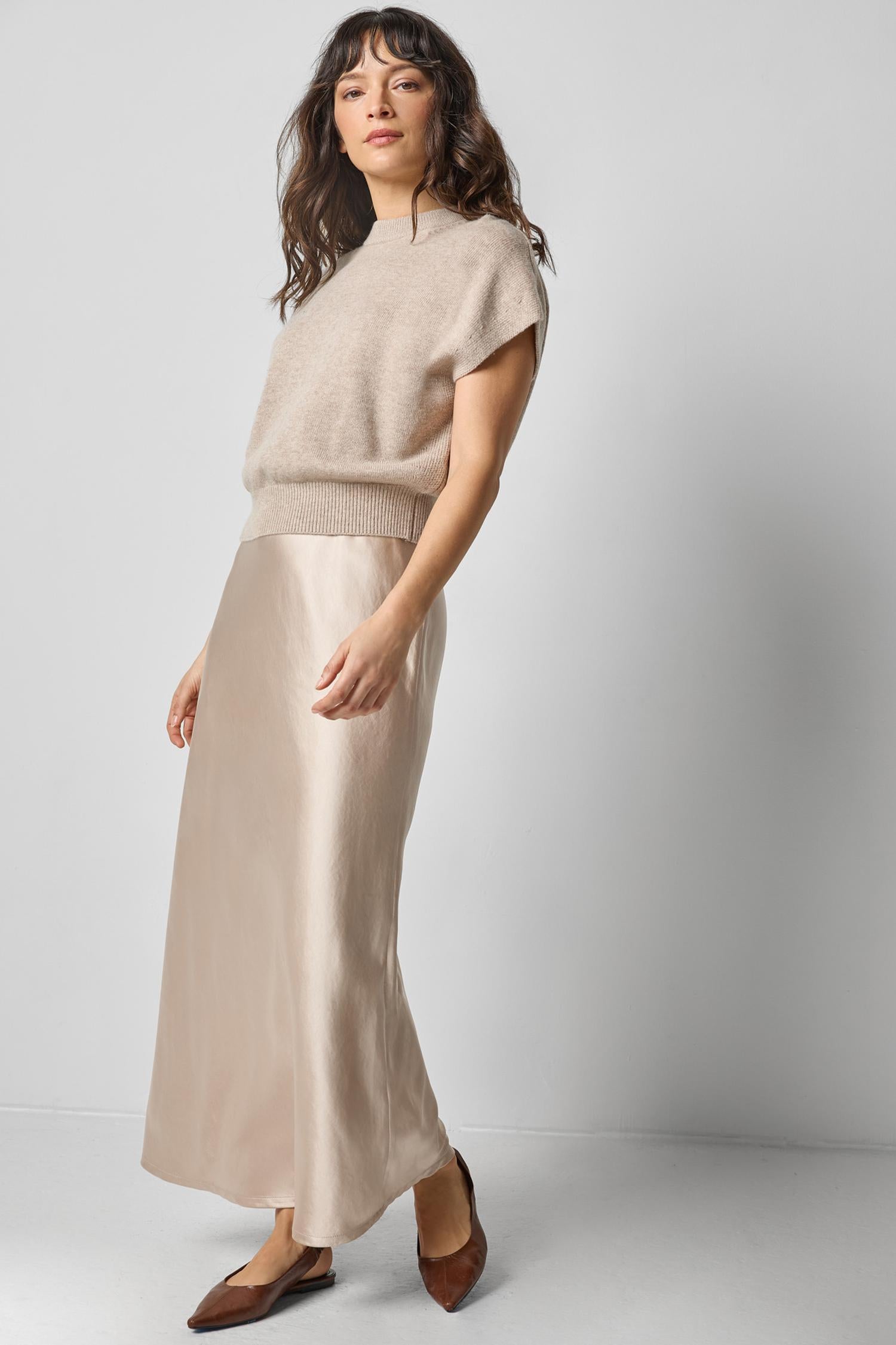 Satin Slit Front Skirt in color Angora Image A0