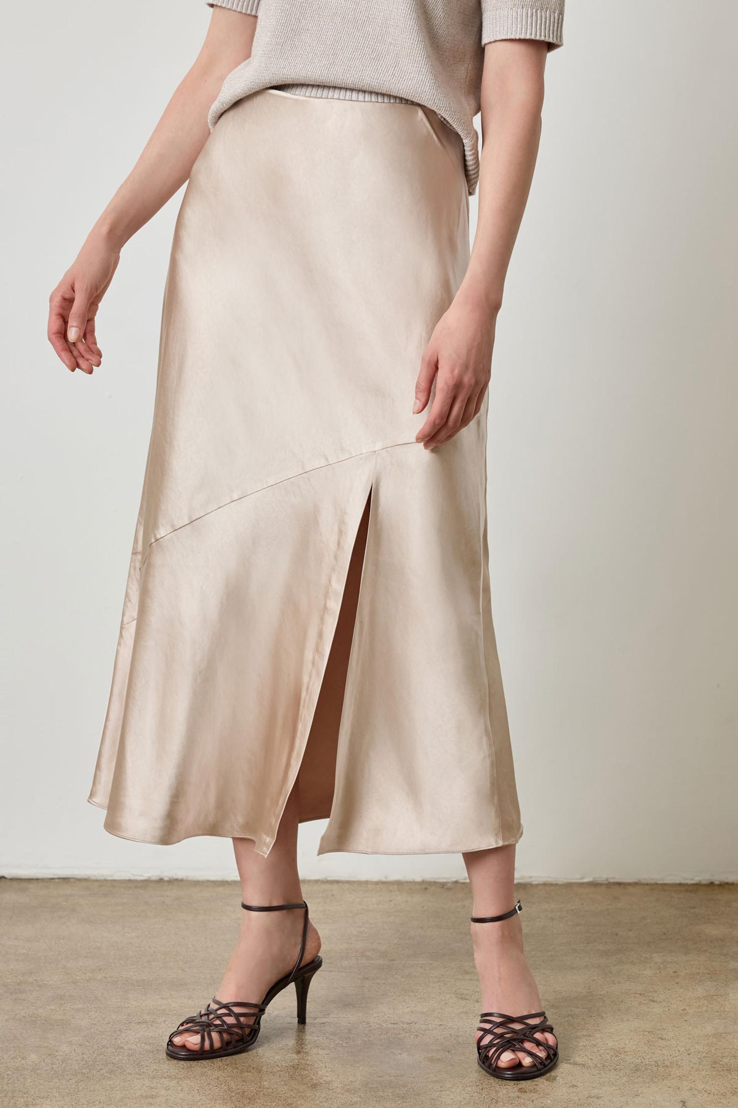 Satin Slit Front Skirt in color Angora Image A3