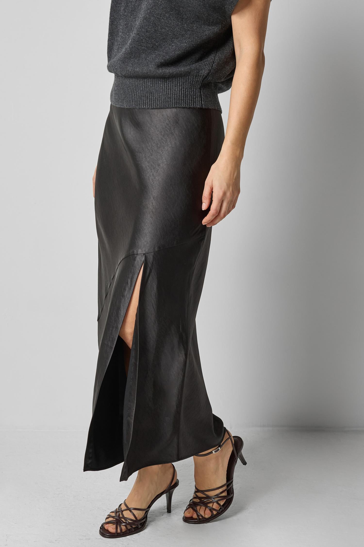 Satin Slit Front Skirt in color Black Image A3