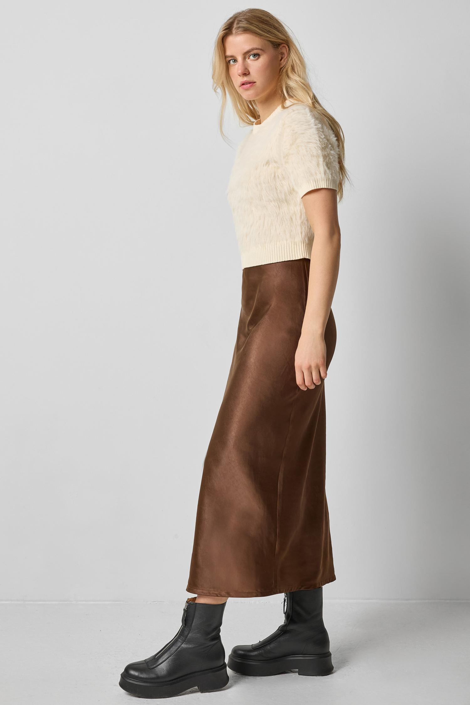 Satin Slit Front Skirt in color Chocolate Image A0