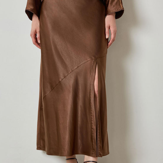 Satin Slit Front Skirt in color Chocolate Image A1