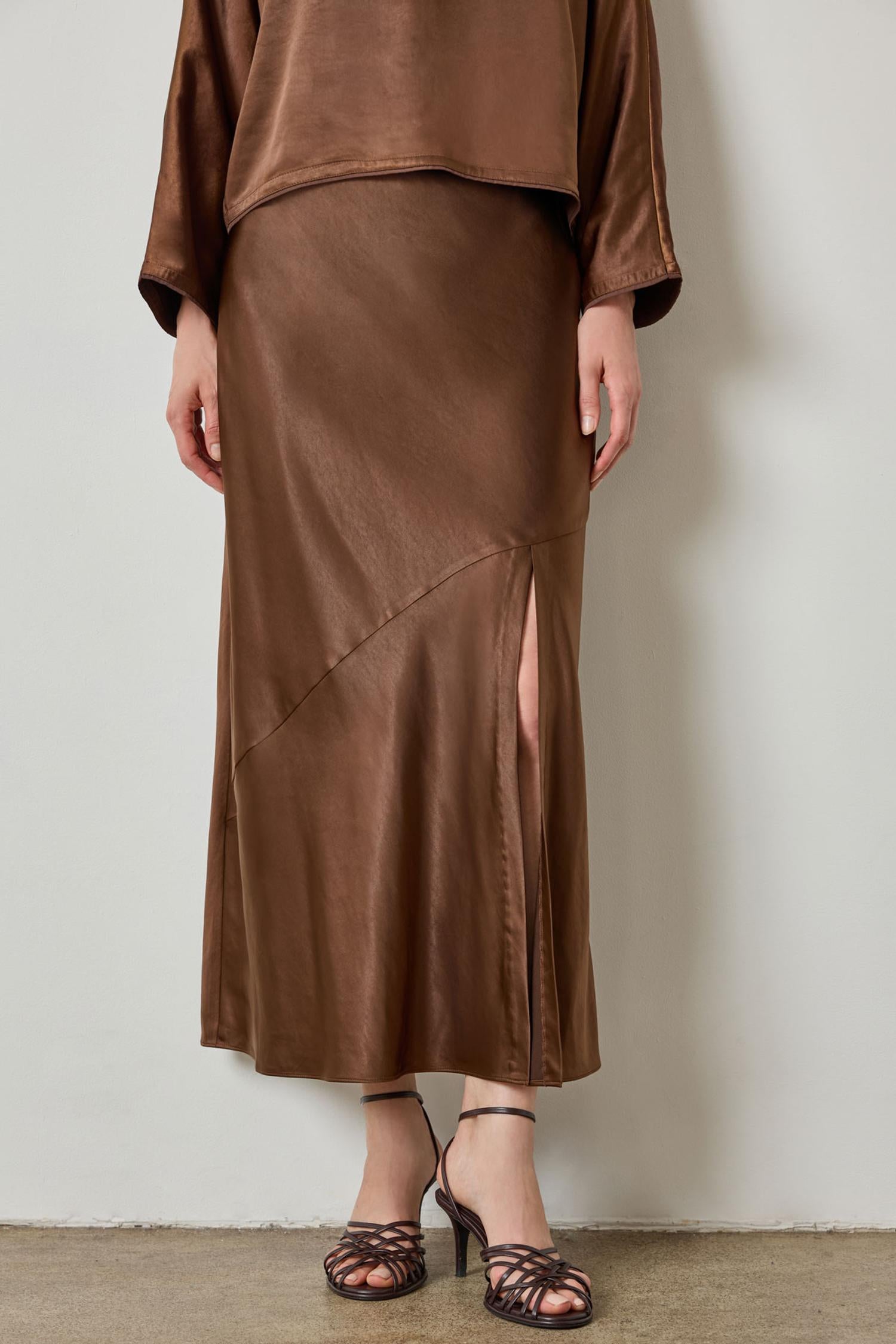 Satin Slit Front Skirt in color Chocolate Image A1