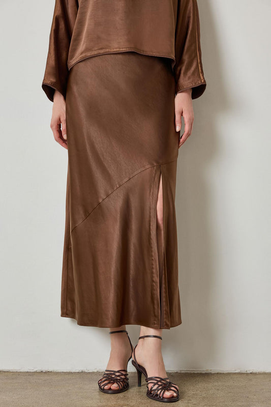 Satin Slit Front Skirt Womens Skirt Chocolate A1