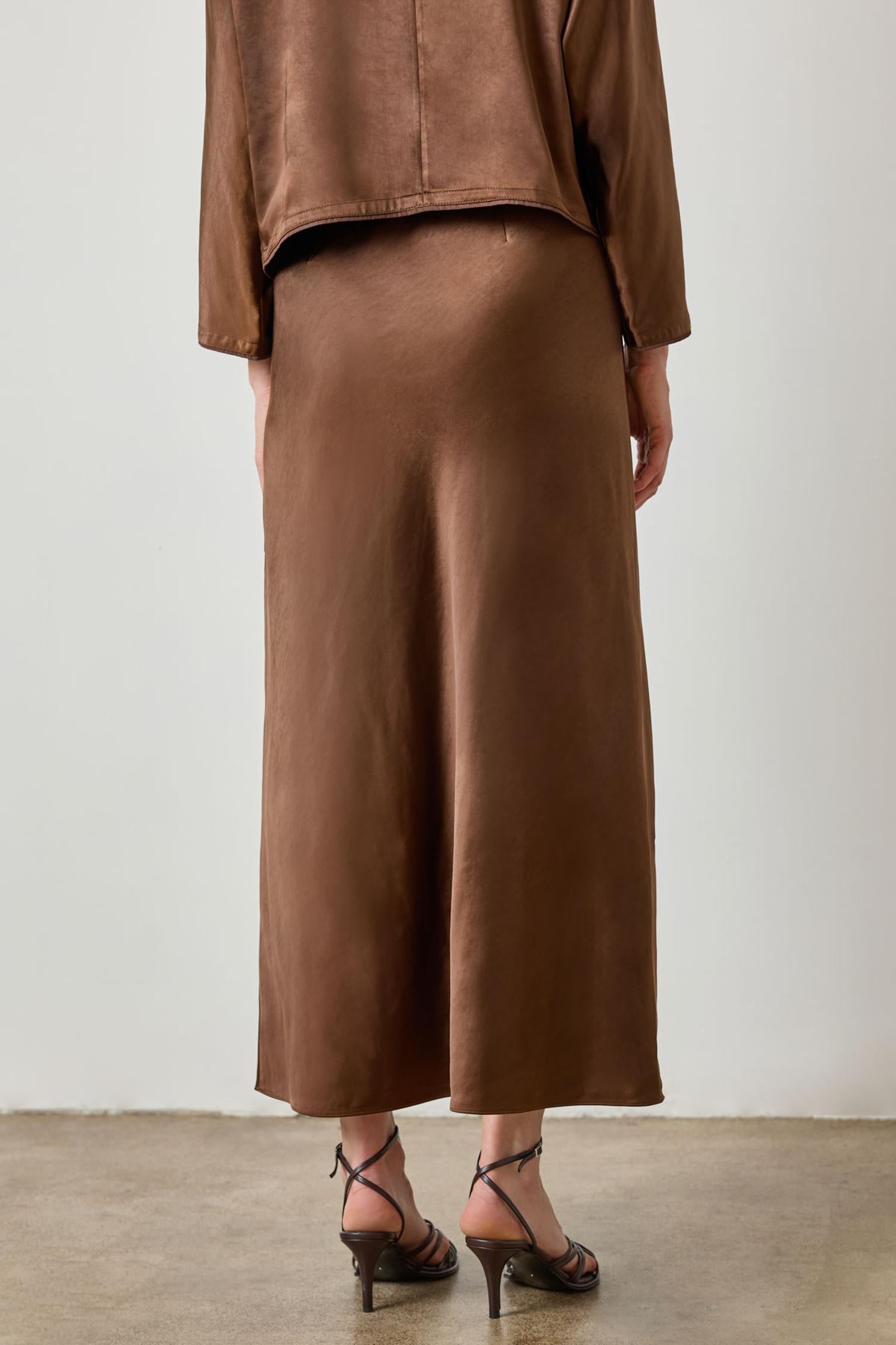 Satin Slit Front Skirt in color Chocolate Image A2