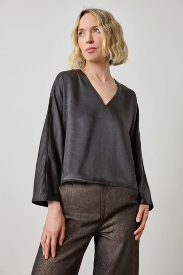 Satin V-Neck Dolman in color Black Image A1