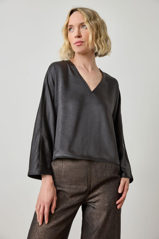 Satin V-Neck Dolman in color Black Image A1