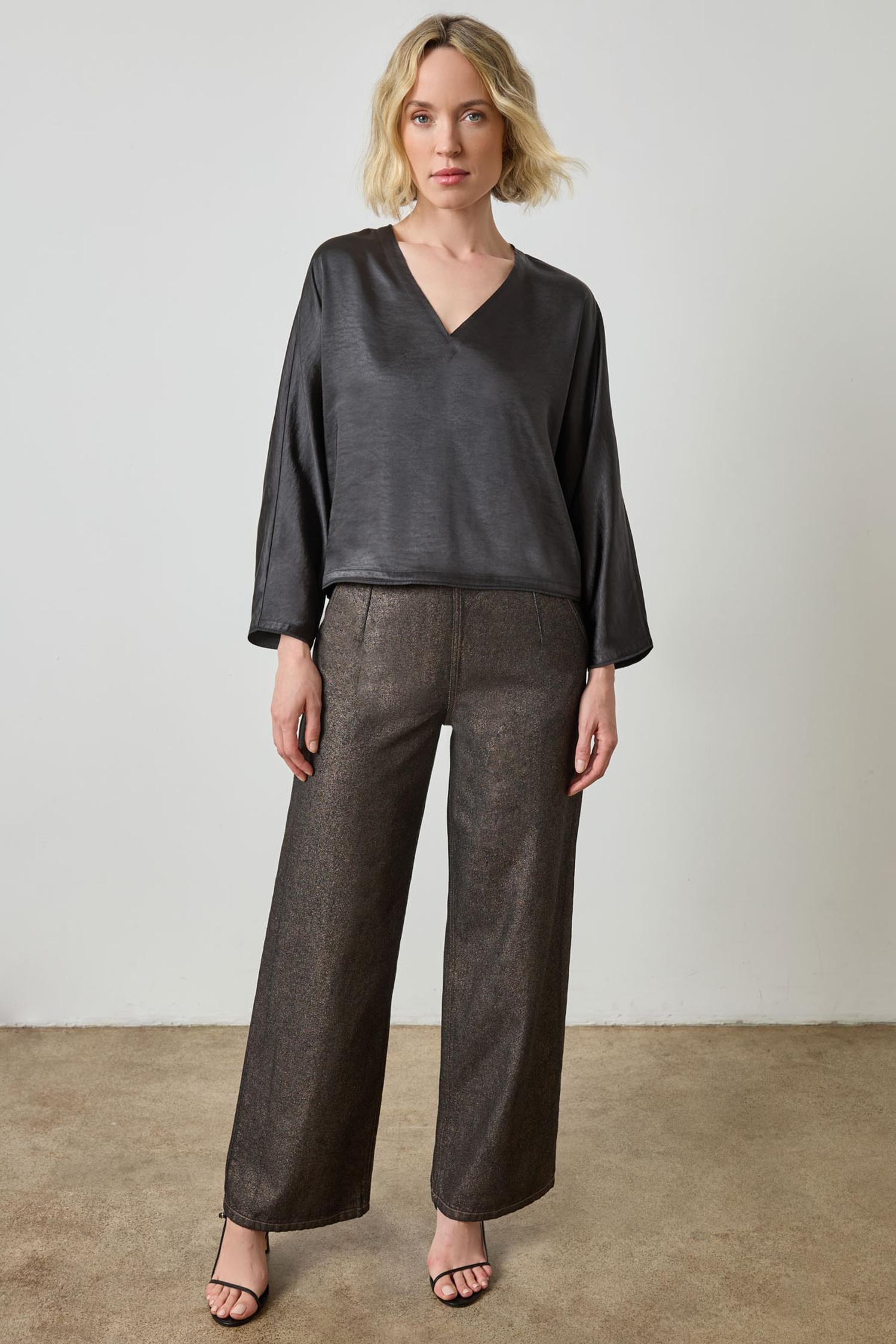 Satin V-Neck Dolman in color Black Image A3