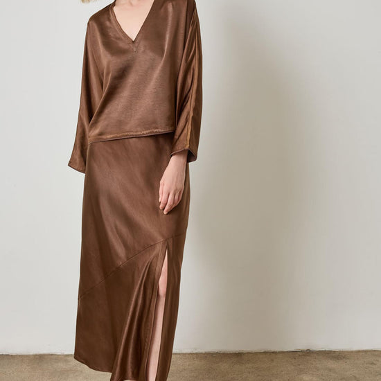 Satin V-Neck Dolman in color Chocolate Image A1