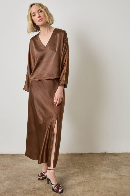 Satin V-Neck Dolman in color Chocolate Image A1