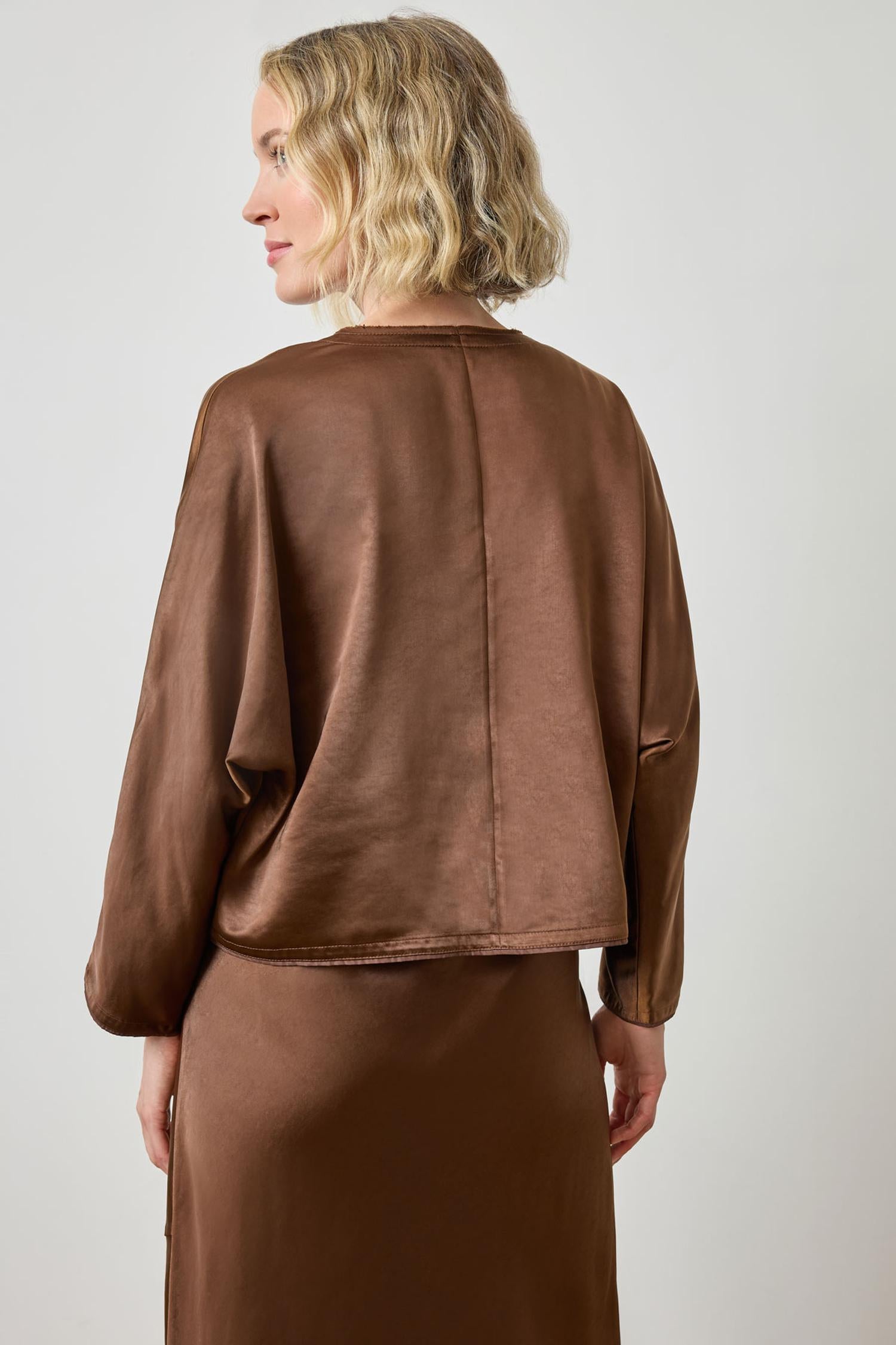 Satin V-Neck Dolman in color Chocolate Image A2