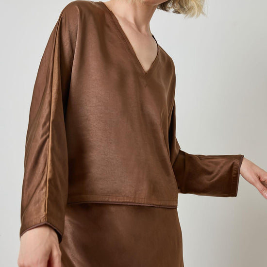 Satin V-Neck Dolman in color Chocolate Image A3