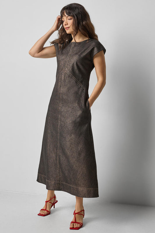 Metallic Seamed Maxi Dress in color Copper Denim Image A1