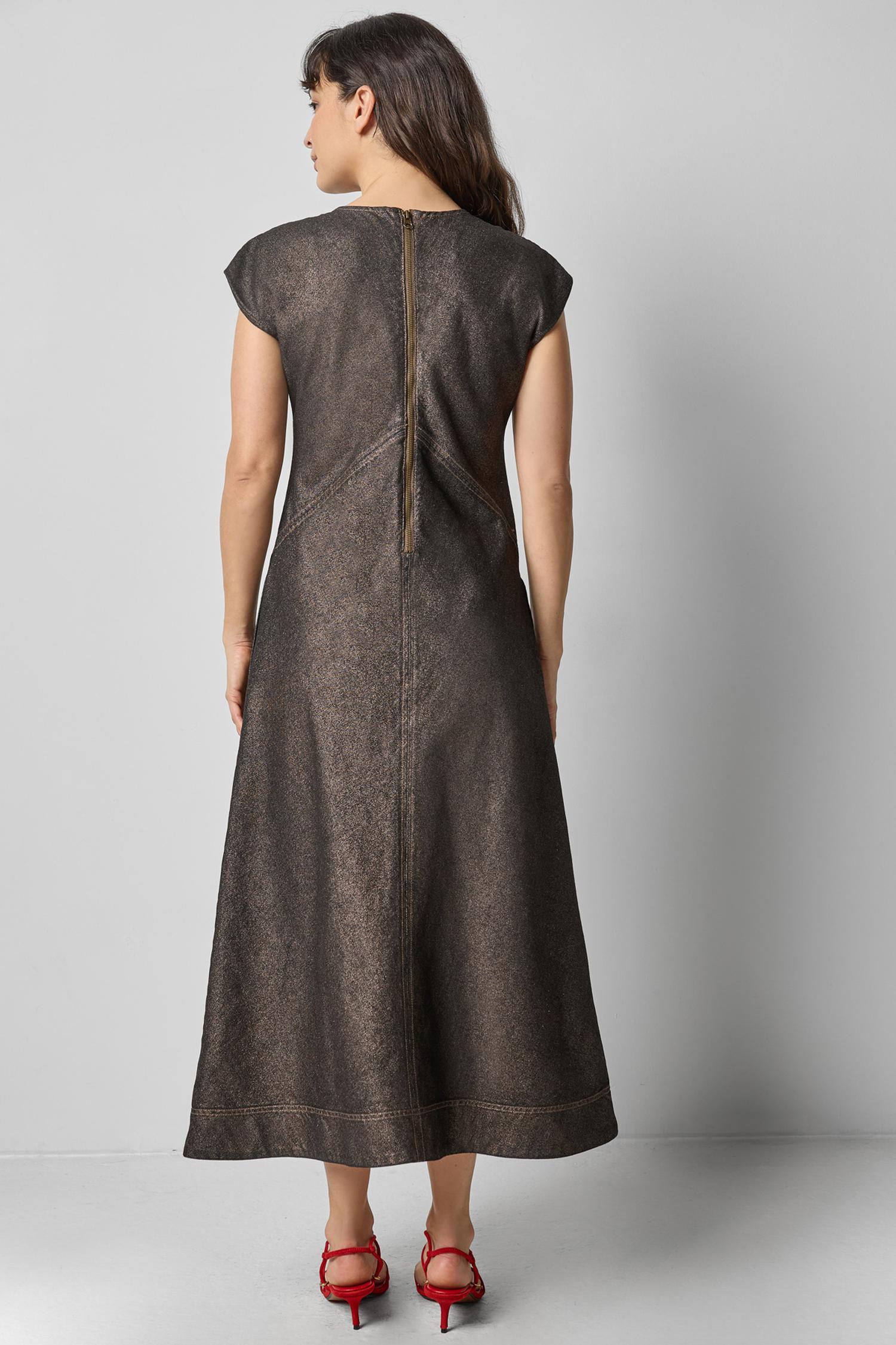 maxi dress with metal detail Metallic Seamed Maxi Dress Copper Denim / Size 10