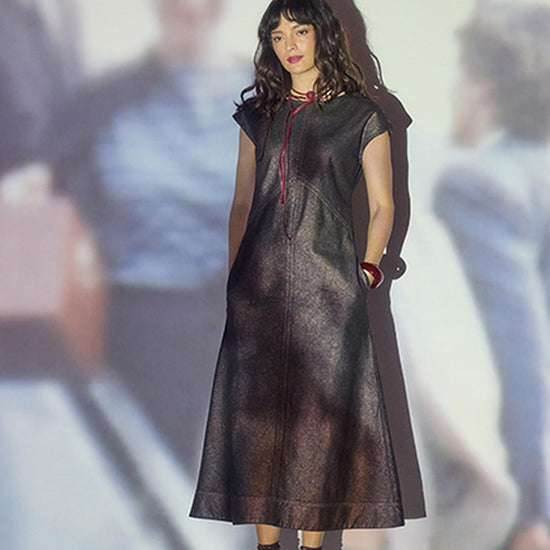 Metallic Seamed Maxi Dress in color Copper Denim Image C0