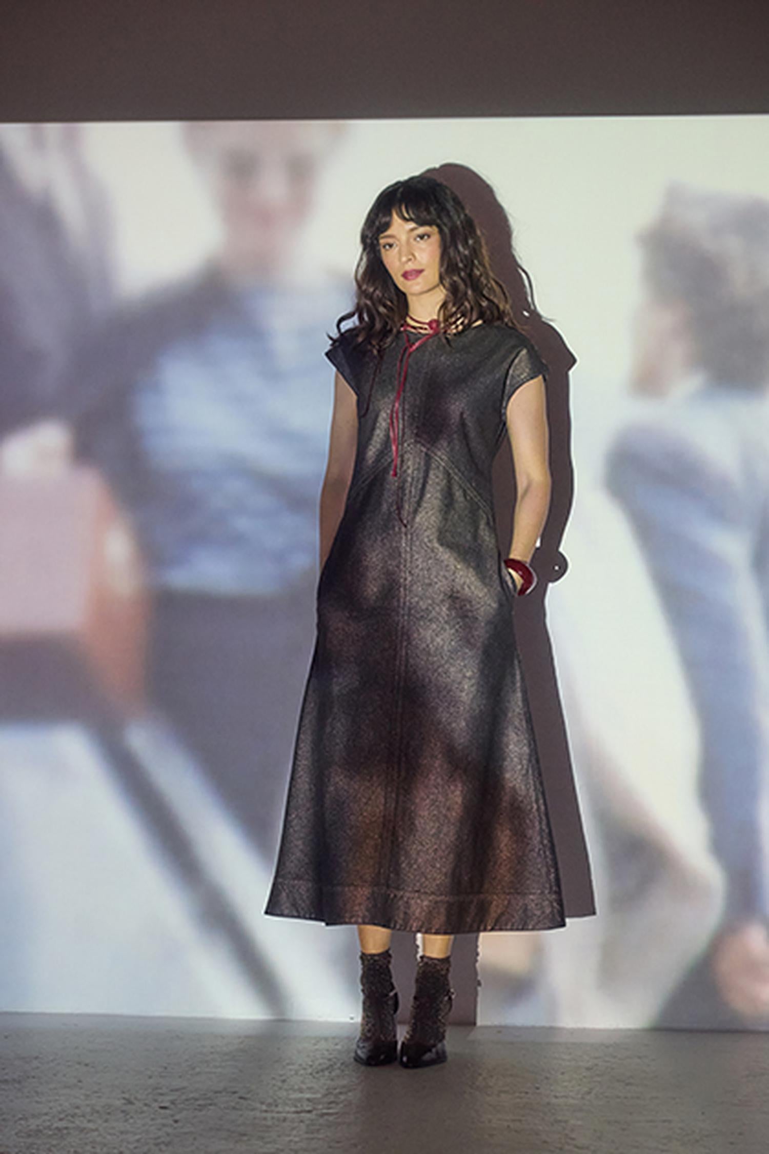 Metallic Seamed Maxi Dress in color Copper Denim Image C0