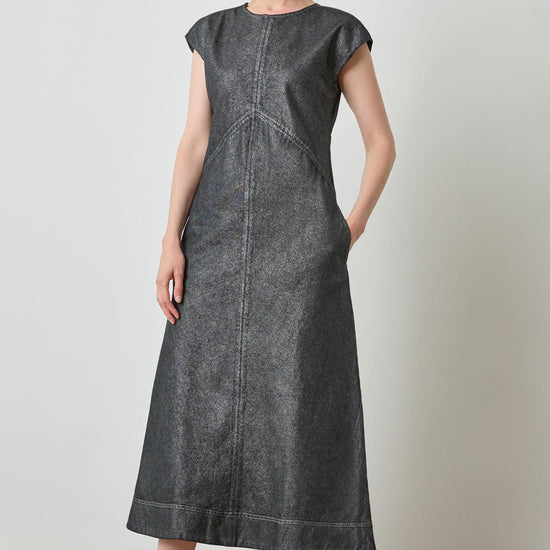 Metallic Seamed Maxi Dress in color Silver Denim Image A1