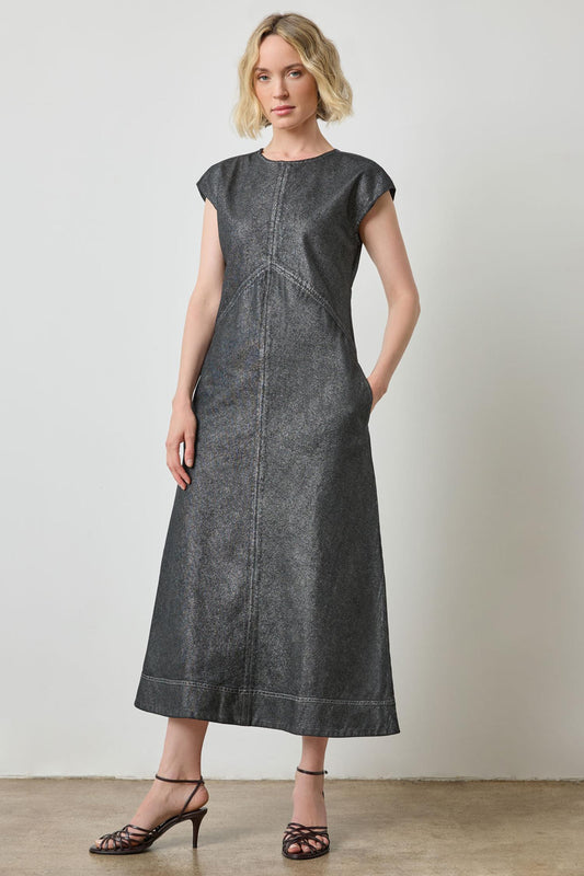 Metallic Seamed Maxi Dress in color Silver Denim Image A1