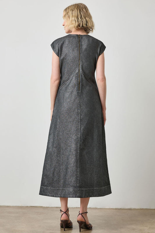 Metallic Seamed Maxi Dress in color Silver Denim Image A2