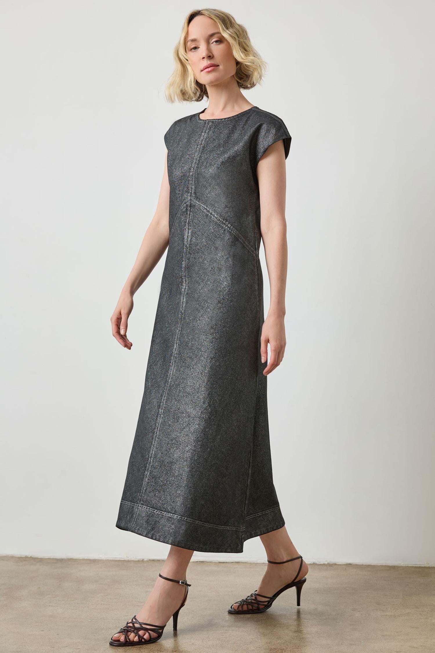 maxi dress with metal detail Metallic Seamed Maxi Dress Copper Denim / Size 10