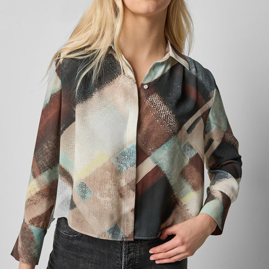 Collared Button Down Womens Top Cappuccino Plaid A1