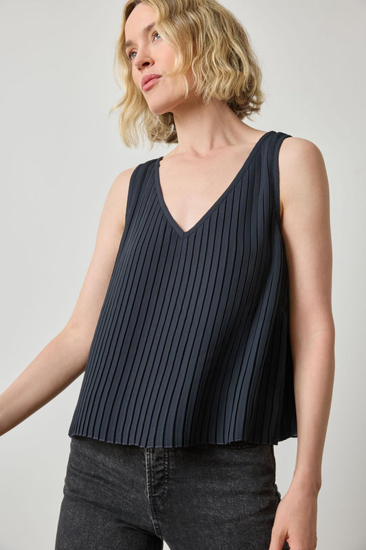 Pleated V-Neck Shell in color Black Image A1