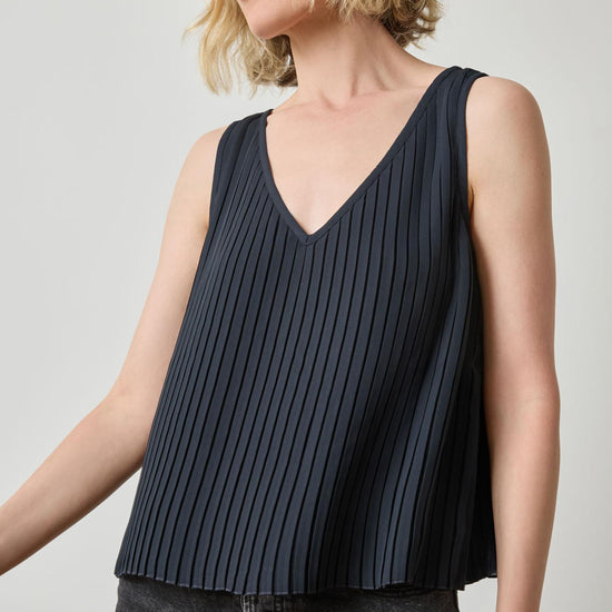 Pleated V-Neck Shell Womens Top Black A1