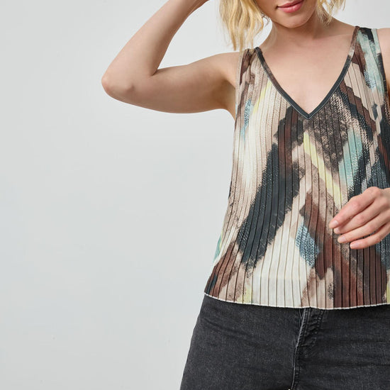 Pleated V-Neck Shell in color Cappuccino Plaid Image A1