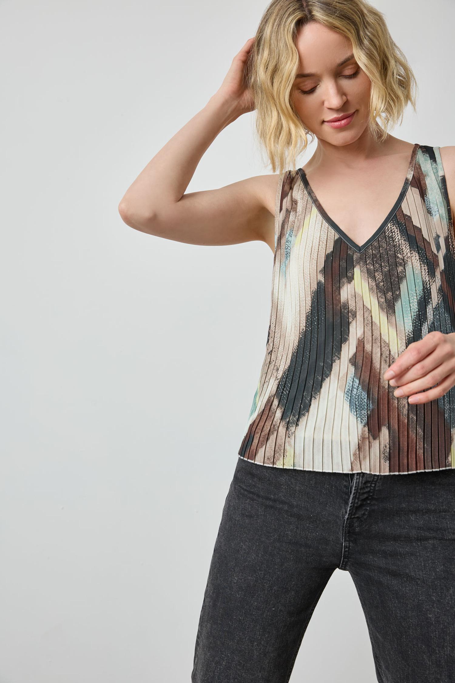 Pleated V-Neck Shell in color Cappuccino Plaid Image A1