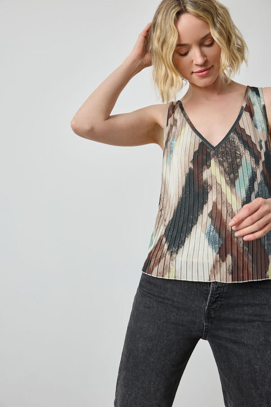 Pleated V-Neck Shell in color Cappuccino Plaid Image A1