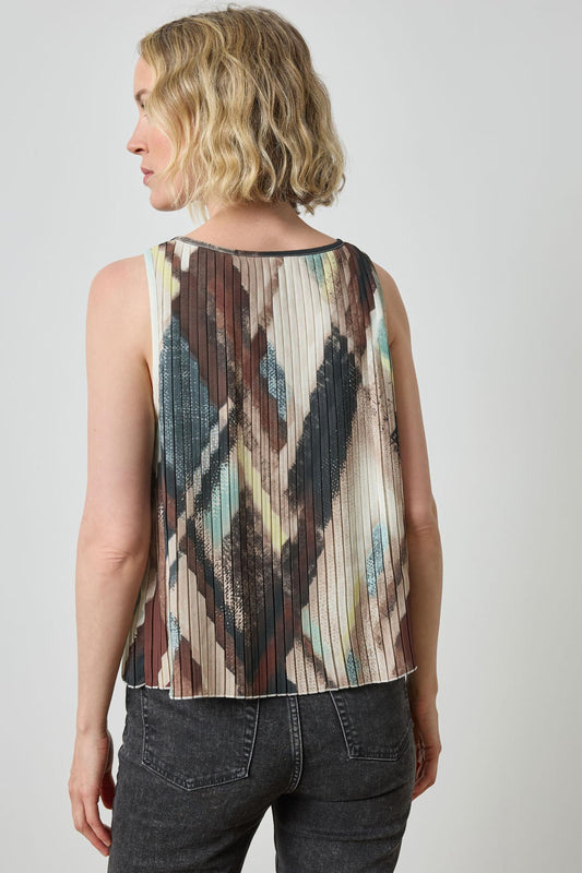 Pleated V-Neck Shell in color Cappuccino Plaid Image A2
