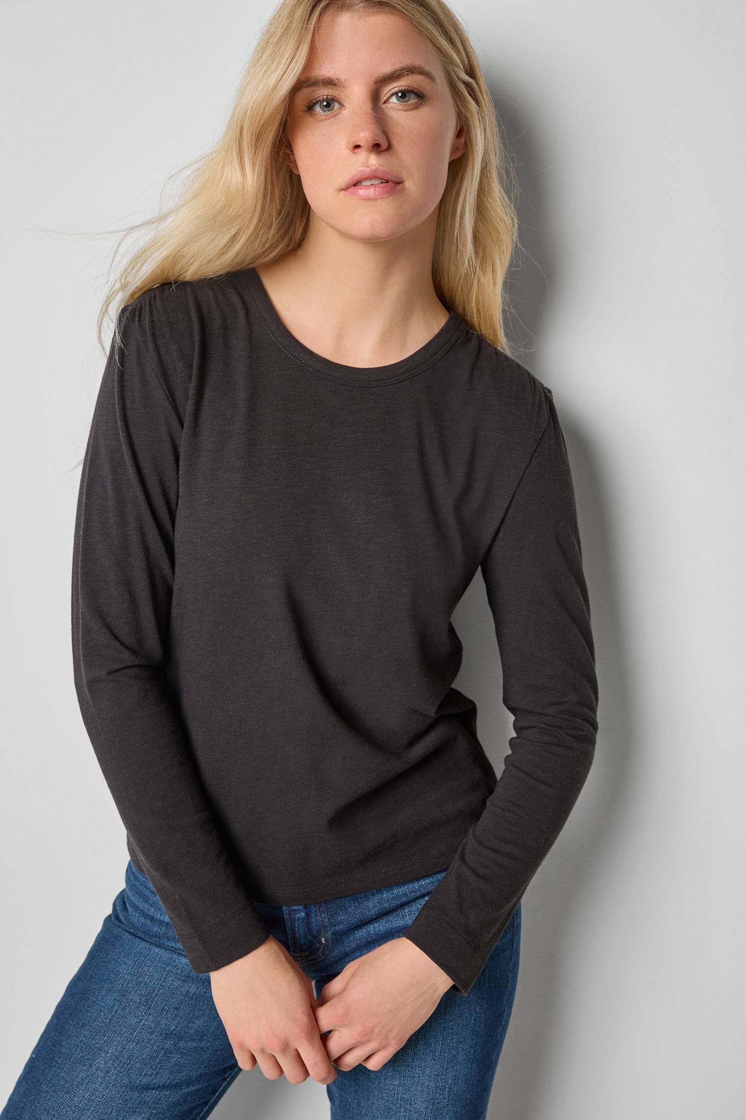 Shirred Shoulder Crewneck in color Black Image A1