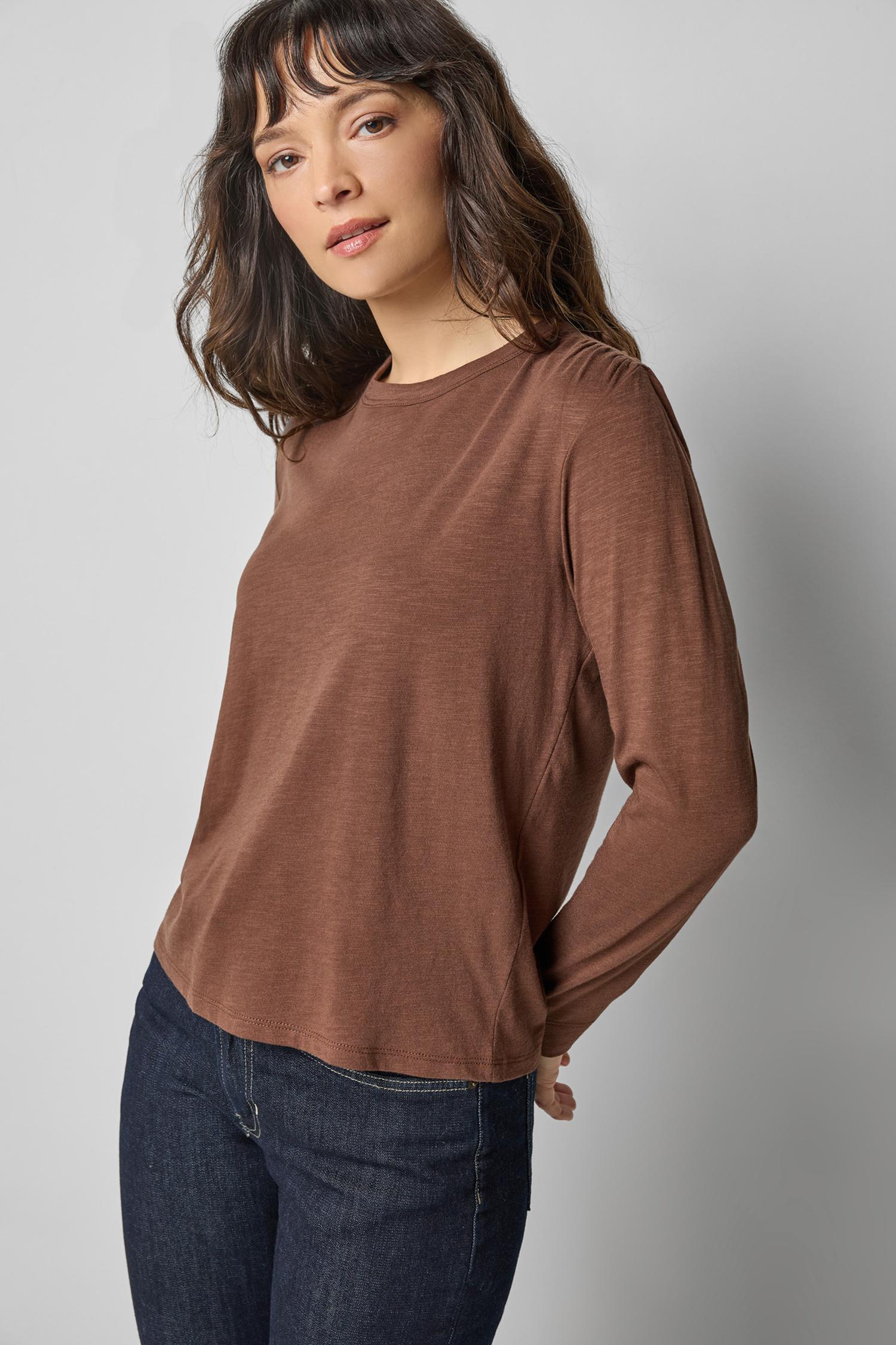 Shirred Shoulder Crewneck in color Hickory Image A1