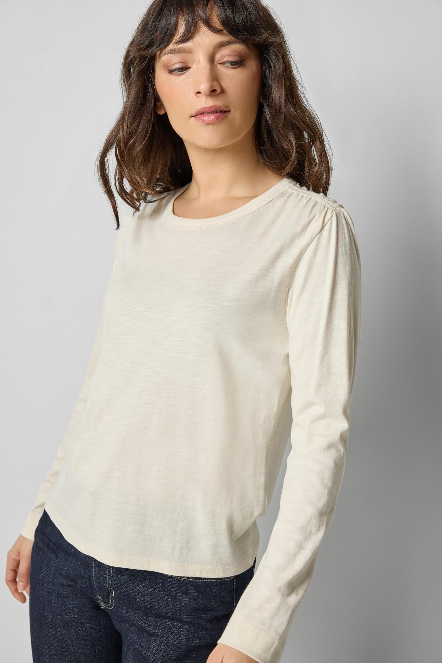 Shirred Shoulder Crewneck in color Snow Image A1