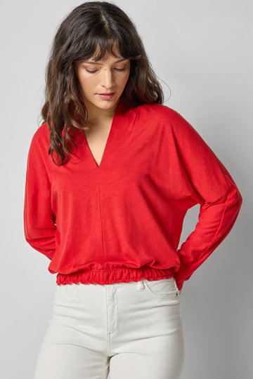 Shawl Collar Wedge Top in color Cherry Image A1