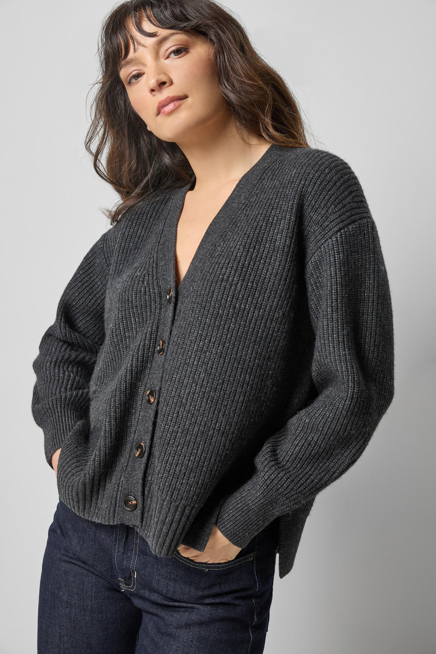 Relaxed Side Vent Cardigan Womens Sweater Caviar A1