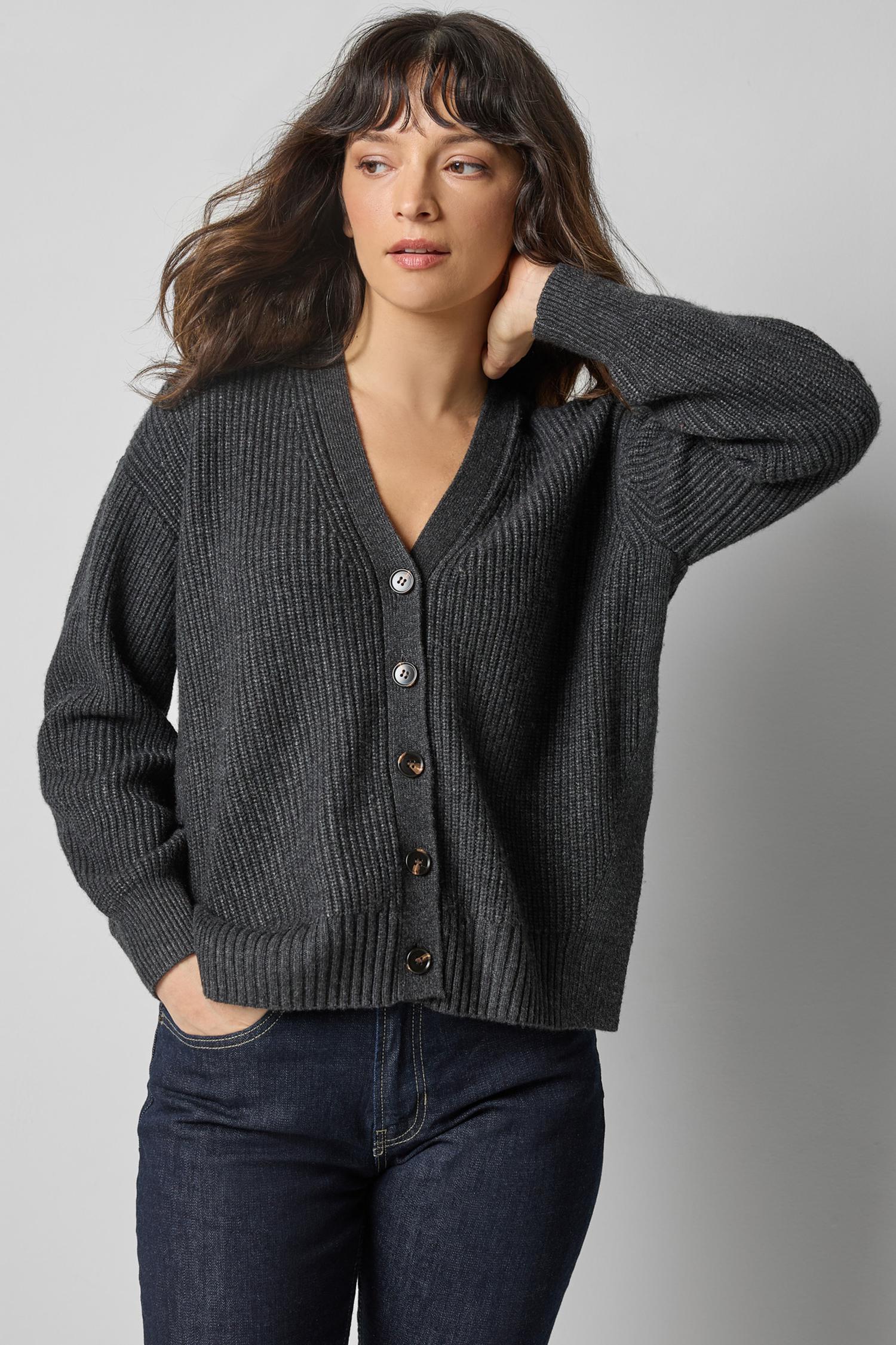 Relaxed Side Vent Cardigan Womens Sweater Caviar A3