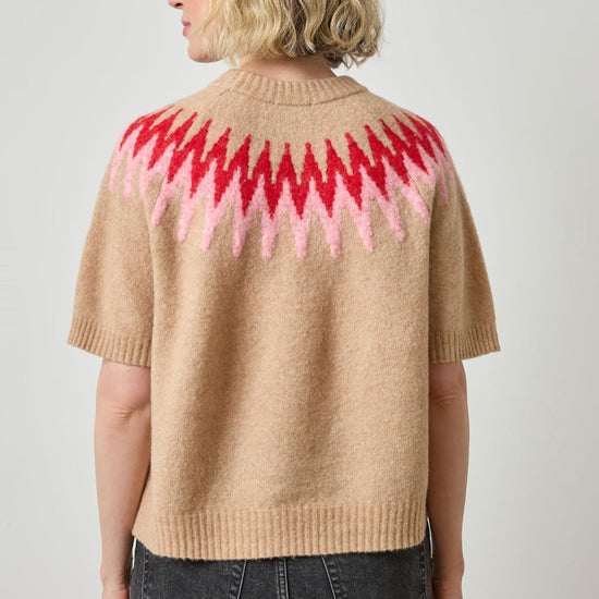 Short Sleeve Easy Fairisle Sweater in color Camel Fairisle Image A2