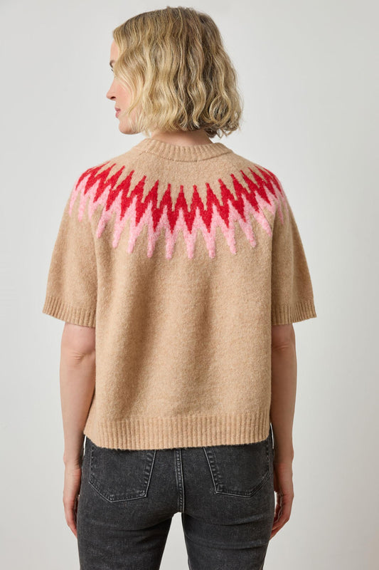 Short Sleeve Easy Fairisle Sweater in color Camel Fairisle Image A2