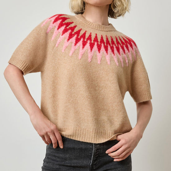 Short Sleeve Easy Fairisle Sweater in color Camel Fairisle Image A3