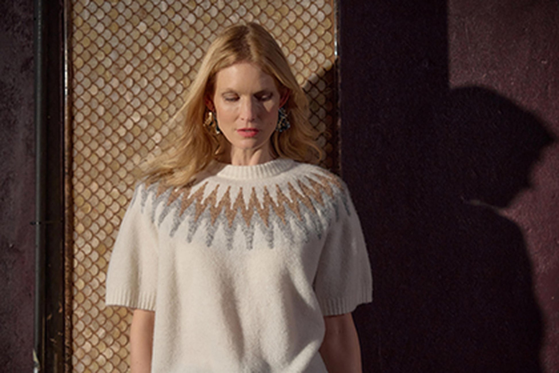 Short Sleeve Easy Fairisle Sweater in color Winter White Fairisle Image C0