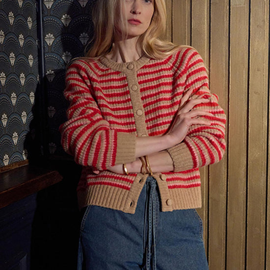 Button Front Striped Cardigan in color Holly Stripe Image C0